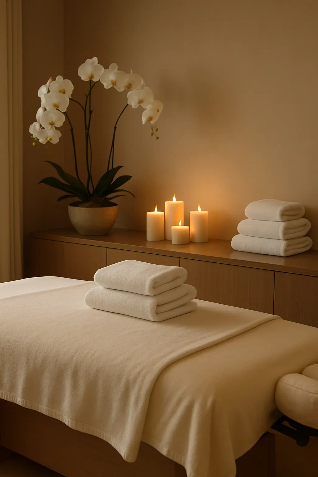 Suíte de spa de luxo com iluminação dourada e decoração sofisticada